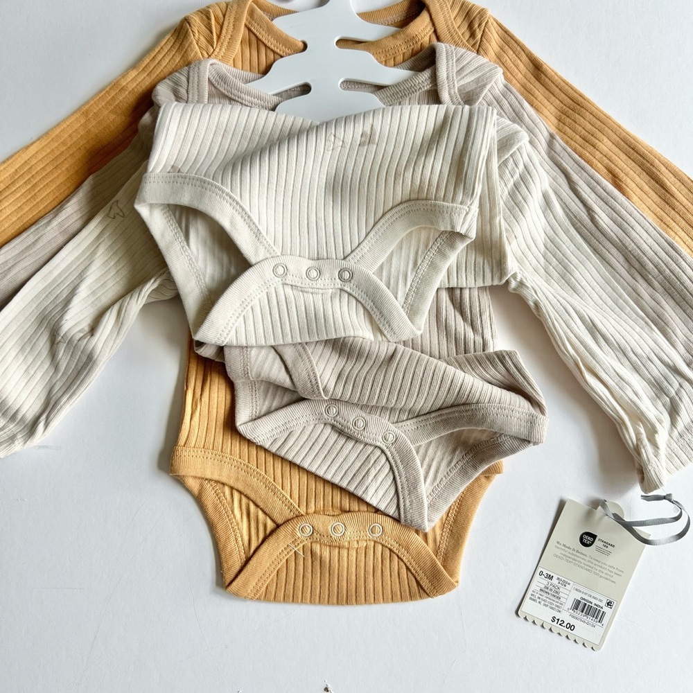 2 Cloud Island 3pc Ribbed Cream and Tan Baby Bodysuit Set Long Sleeve Bird Print - Picture 5 of 13
